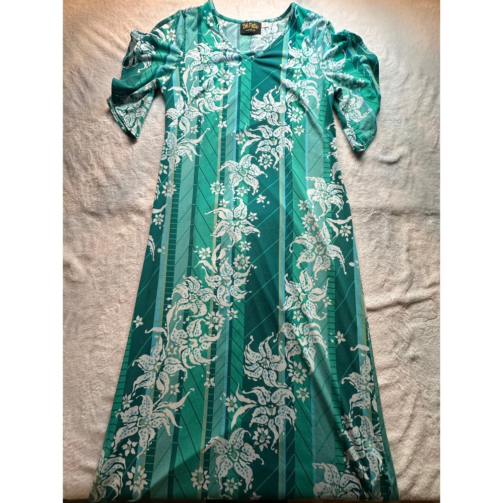 Bob Mackie Wearable Art Teal Green Floral Maxi Dress V-Neck Bell Sleeve Small- 3